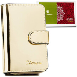 Elegancki, niewielki portfel w kolorze złotym wykonany ze