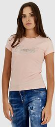GUESS Brzoskwiniowy t-shirt damski z brokatowym logo, Wybierz