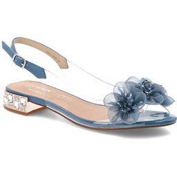 S.Barski Sandały damskie, z transparentnym paskiem ozdobne kwiaty