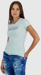 GUESS Błękitny t-shirt damski z metalicznym logo