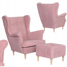 Fotel uszak z podnóżkiem skandynawski welur pudrowy Hunter