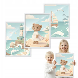 Zestaw 3 obrazów Miś Nad Morzem Do Pokoju