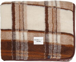 Koc wełniany naturalny 100% merynos 200x220 krata brąz