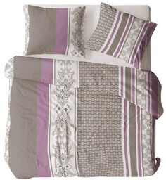 Pościel z kory 160x200 szara fioletowa paski ornamenty
