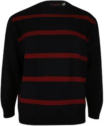 Sweter Granatowo-Czerwony, w Paski, Okrągły Dekolt (U-neck), Męski