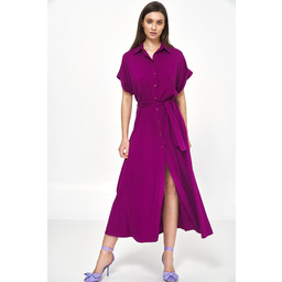 Koszulowa Sukienka z Krótkim Rękawem - Purpurowa