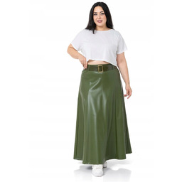 DŁUGA ROZKLOSZOWANA SPÓDNICA Z EKOSKÓRY KHAKI PLUS SIZE