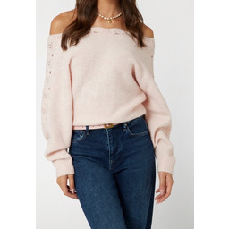 GUESS RÓŻOWY SWETER DAMSKI Z AŻUROWYM RĘKAWEM