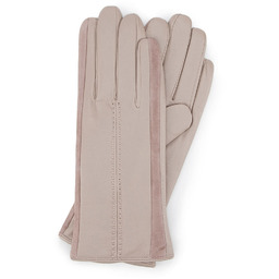 Damskie rękawiczki skórzane z zamszowymi wstawkami beżowe