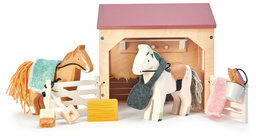 Drewniane figurki do zabawy - stajnia z końmi,