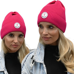 Modna Czapka Beanie z Logo Wywijana Amarant n1