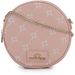 Damska torebka skórzana z haftowanym monogramem okrągła jasny