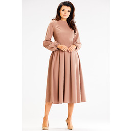 Elegancka Midi Sukienka z Bufiastym Rękawem - Cappuccino