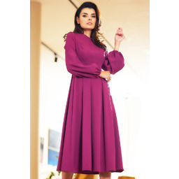 Elegancka Midi Sukienka z Bufiastym Rękawem - Śliwkowa