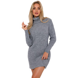 Mini Sukienka w Prążki z Golfem - Szara