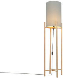 QAZQA Rustykalna lampa podłogowa drewniana z szarym abażurem