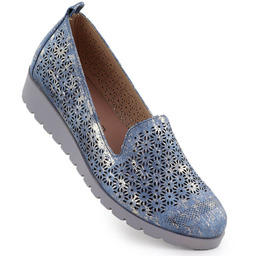 Półbuty damskie na podwyższeniu ażurowe jeansowe pozłacane M.Daszyński