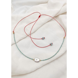Pakamera Naszyjnik czerwony sznurek z perłą i akwamarynem