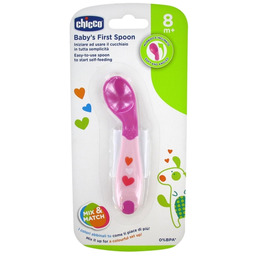 CHICCO 8M+ Pierwsza łyżeczka, różowa, wygięta końcówka, ergonomiczny