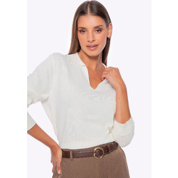 Sweter damski z dekoltem V-neck kremowy