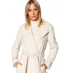 Guess Płaszcz Wełniany z Klapami i Paskiem Kremowy