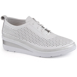 Skórzane półbuty damskie sportowe na koturnie ażurowe białe