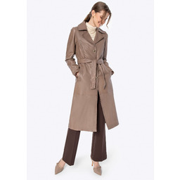 Długi damski płaszcz ze skóry ciemny beż