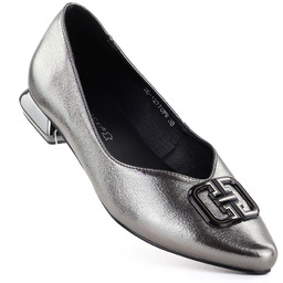 Baleriny damskie na ozdobnym obcasie srebrne Potocki SZ12770