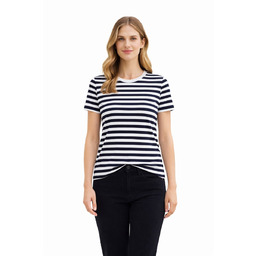 BOSS T-SHIRT DAMSKI BAWEŁNIANY W PASKI Z OKRĄGŁYM