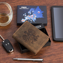 Portfel skórzany męski brązowy nubuk skóra Godło Polski