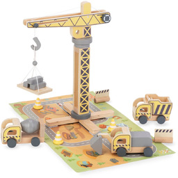 Drewniany plac budowy z dużym ruchomym dźwigiem