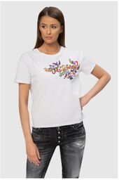 MOSCHINO Biały t-shirt z logo i kwiatami, Wybierz