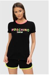 MOSCHINO Czarny t-shirt z neonowym logo, Rozmiar XS
