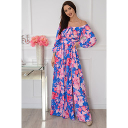 Sukienka maxi hiszpanka w różowe kwiaty kobalt Alisa