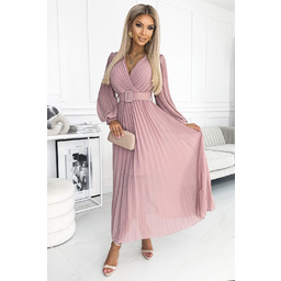 Różowa Długa Sukienka Plisowana z Paskiem
