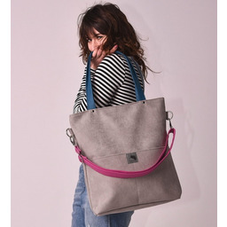 Pakamera Duża, szara torba turkusowe, fuksjowe paski