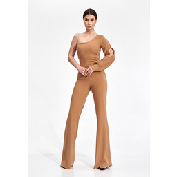 Elegancki KOMBINEZON z ozdobnym rozcięciem SZEROKIE NOGAWKI beżowy