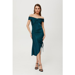 Morska Sukienka Midi Ściągana na Boku