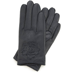 Damskie rękawiczki skórzane z wytłoczoną różą granatowe