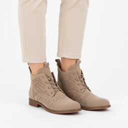S.Barski Botki damskie, ażurowa cholewka ze skóry naturalnej