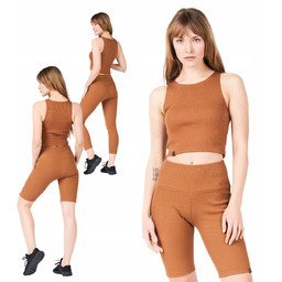 Komplet damski bawełniany zestaw karmelowy top legginsy długie