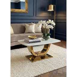 STOLIK KAWOWY na złotej błyszczącej podstawie, prostokątny blat