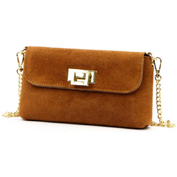 Zamszowa skórzana damska listonoszka z dopinanym paskiem łańcuszkiem