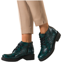 Zielone botki skórzane damskie lakierowane wzór wężowy sznurowane