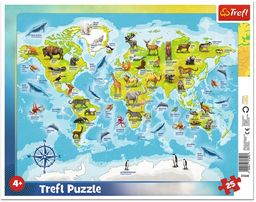 Puzzle ramkowe 25 elementów Mapa świata zwierzęta 31340