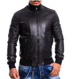 BORGHESE PELLETTERIE CZARNA SKÓRZANA KURTKA BOMBER ZAMEK 48