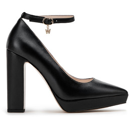 Damskie czółenka skórzane na grubym słupku czarne