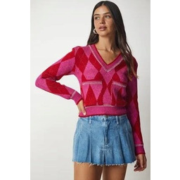 DAMSKI KRÓTKI SWETER WZÓR GEOMETRYCZNY DEKOLT V NEONOWY
