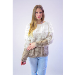 Sweter z Bufiastymi Rękawami w Warkocze Kremowo-Beżowo-Biały UNI