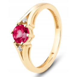 PIĘKNY KLASYCZNY ZŁOTY PIERŚCIONEK Z RUBINEM I BRYLANTAMI